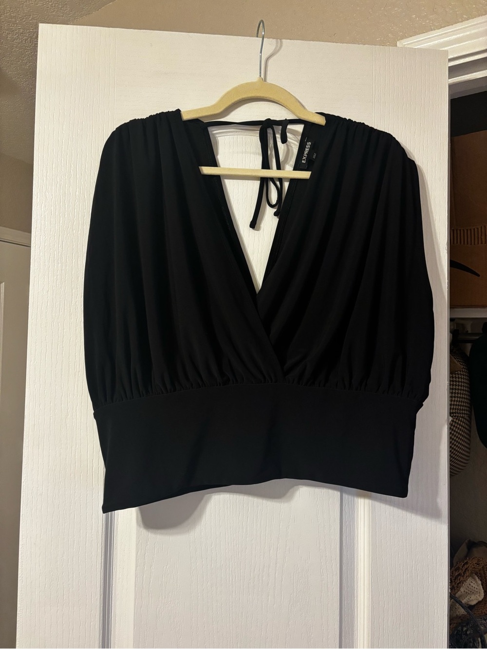 Express Black Wrap-Front Blouse with Tie-Back